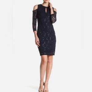 Marina Black Lace Sequin Cold Shoulder Cocktail Dress Size 12 NWT